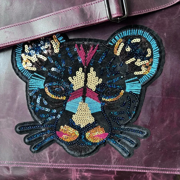 African Jaguar color sequin Leather suede lining Maroon messenger crossbody bag - Picture 5 of 5